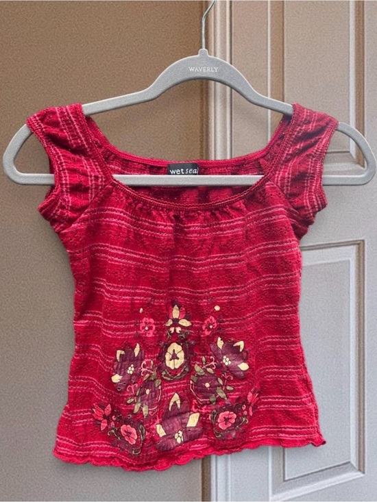 Wet Seal Tops - Wet Seal Vintage Red Babydoll top w/ stripes & embroidered florals • Small • Y2K